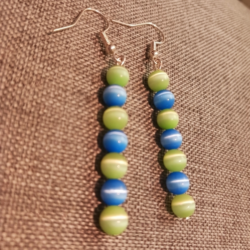 Sky Blue and Lime Green Earrings Cat's Eye Glass Beads Y2K - New Item (2")